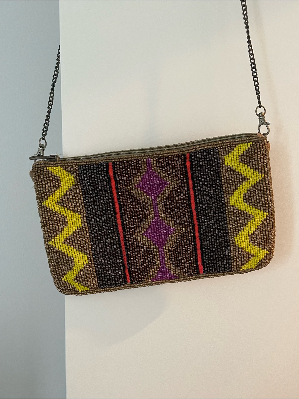 Beaded Crossbody Bag or Clutch - Zigzag Geometric with Colorful Accents